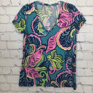 Lilly Pulitzer Michele V Neck Tee Size M Sea Blue Private Island